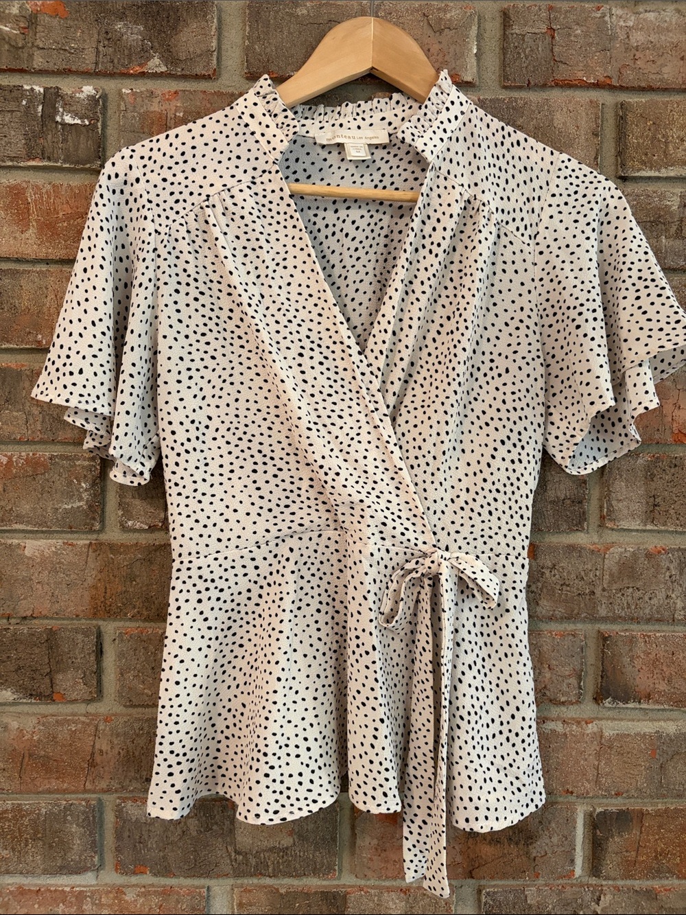 V-Neck Polka Dot Wrap Blouse in White with Black Spots